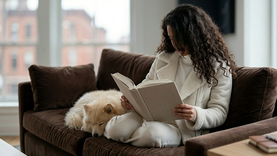 A woman reading a Rowen Hollow book with her dog on a velvet sofa